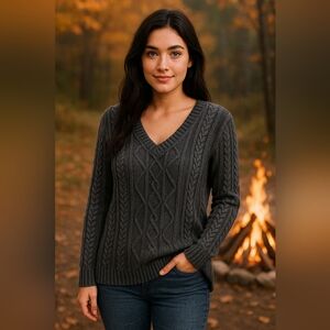 Natural Reflections Womens Cable‎ Knit Charcoal Color Washed 100% Cotton Sweater